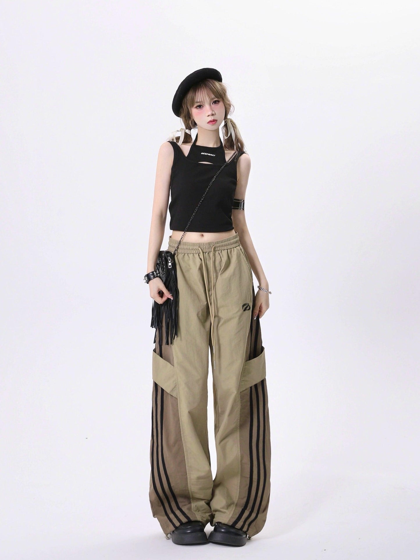 women's color-block wide-leg track pants - drawstring waist athletic trousers with striped panels