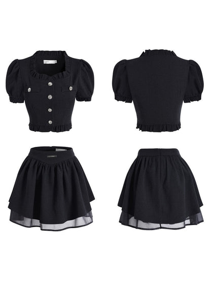 elegant lace chiffon blouse & mini-skirt set