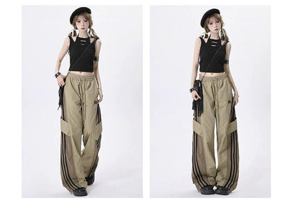 women's color-block wide-leg track pants - drawstring waist athletic trousers with striped panels