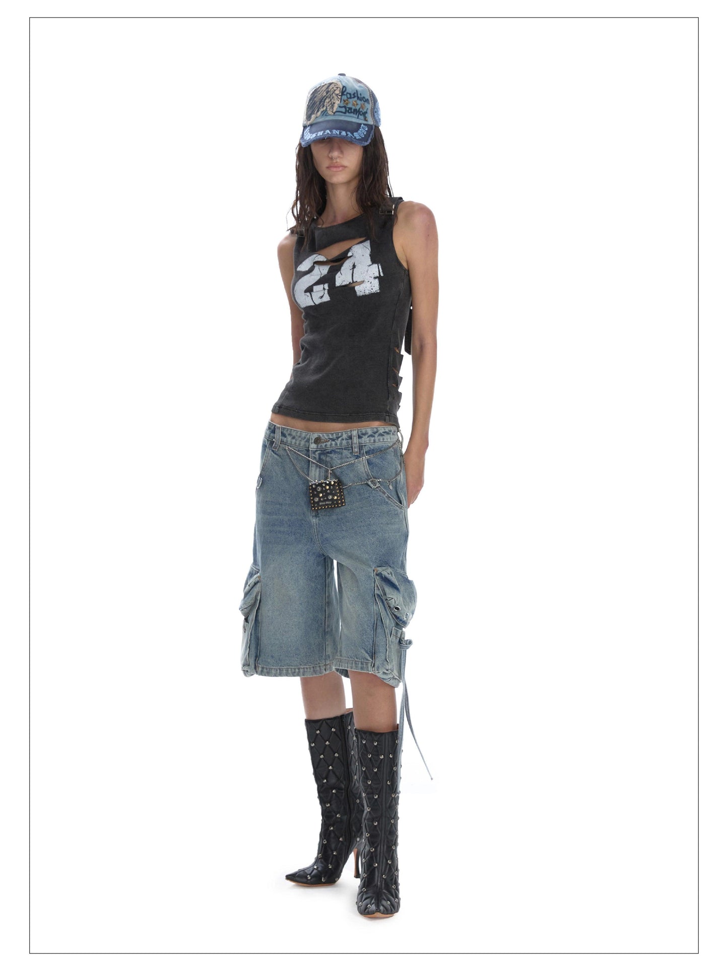 distressed '24' graphic tank top - women's sleeveless cut-out ribbed jersey