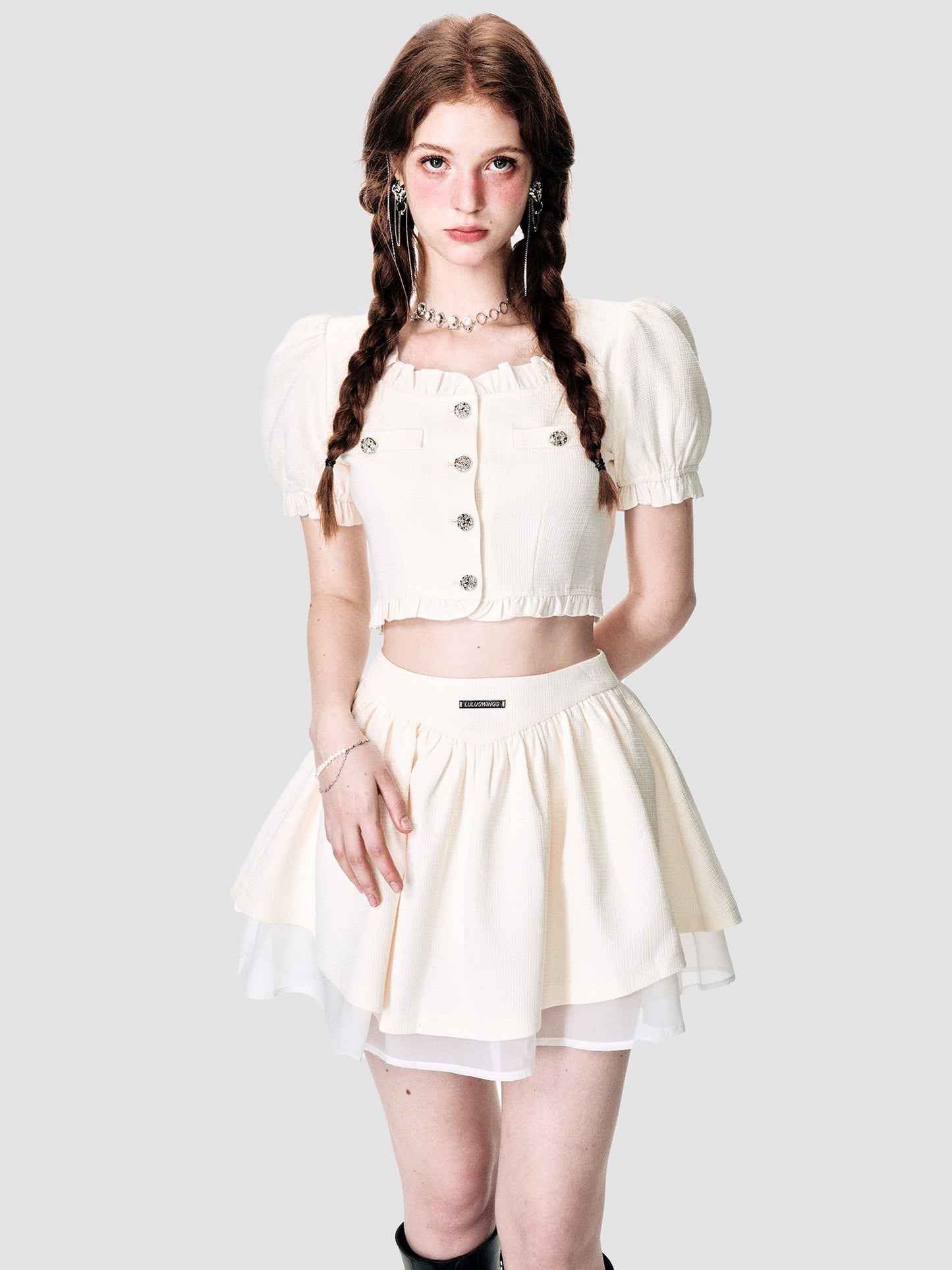 elegant lace chiffon blouse & mini-skirt set