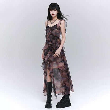 dark glamour asymmetrical maxi dress - women's sheer floral print ruffle dress with high slit