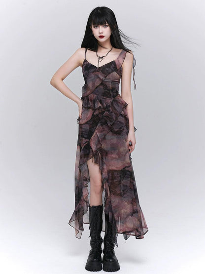 dark glamour asymmetrical maxi dress - women's sheer floral print ruffle dress with high slit