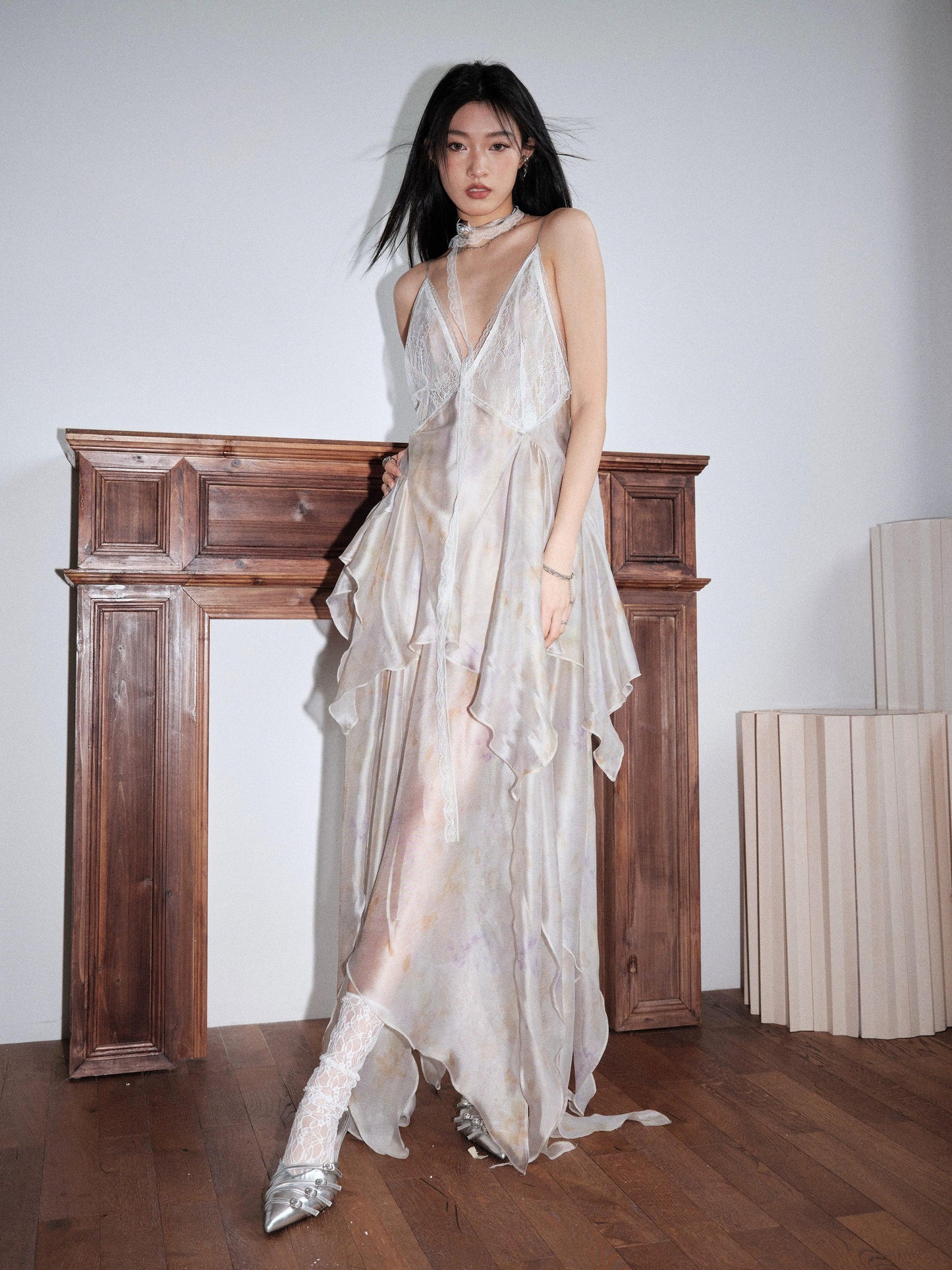 ethereal fairy slip dress - women's ivory layered chiffon maxi with handkerchief hem