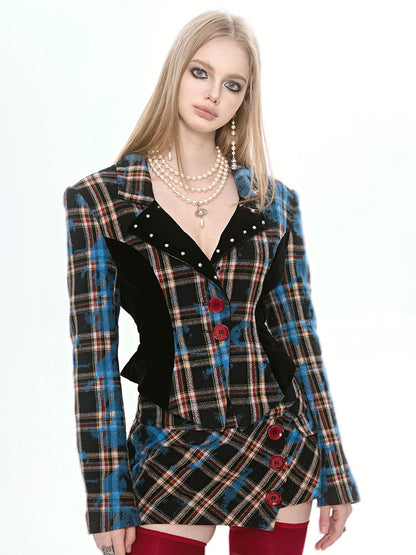 punk rock plaid jacket set - studded collar blazer with asymmetric mini skirt