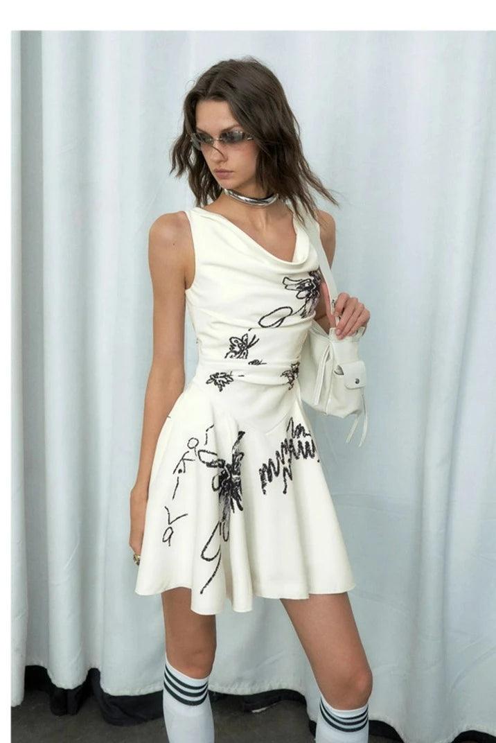 floral sketch fit and flare dress - women's sleeveless cowl neck mini dress with embroidered botanical design