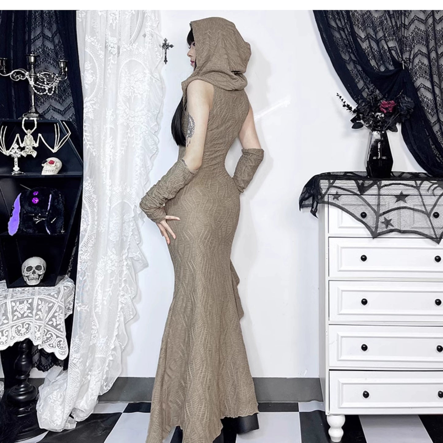 avant-garde hooded maxi dress - taupe cold shoulder gown with ruffle detail