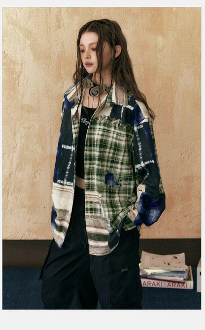 oversized patchwork plaid shirt - unisex grunge tie-dye flannel button-up jacket