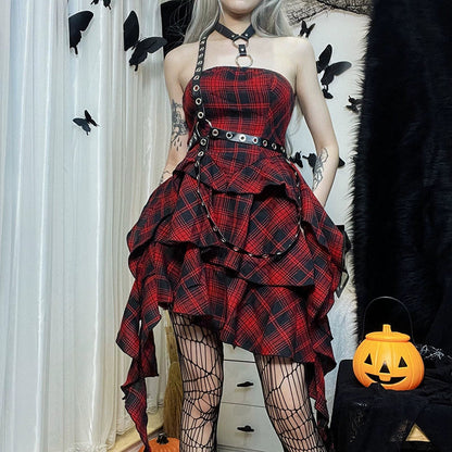 punk tartan mini dress - red plaid ruffle tiered goth dress with studded harness