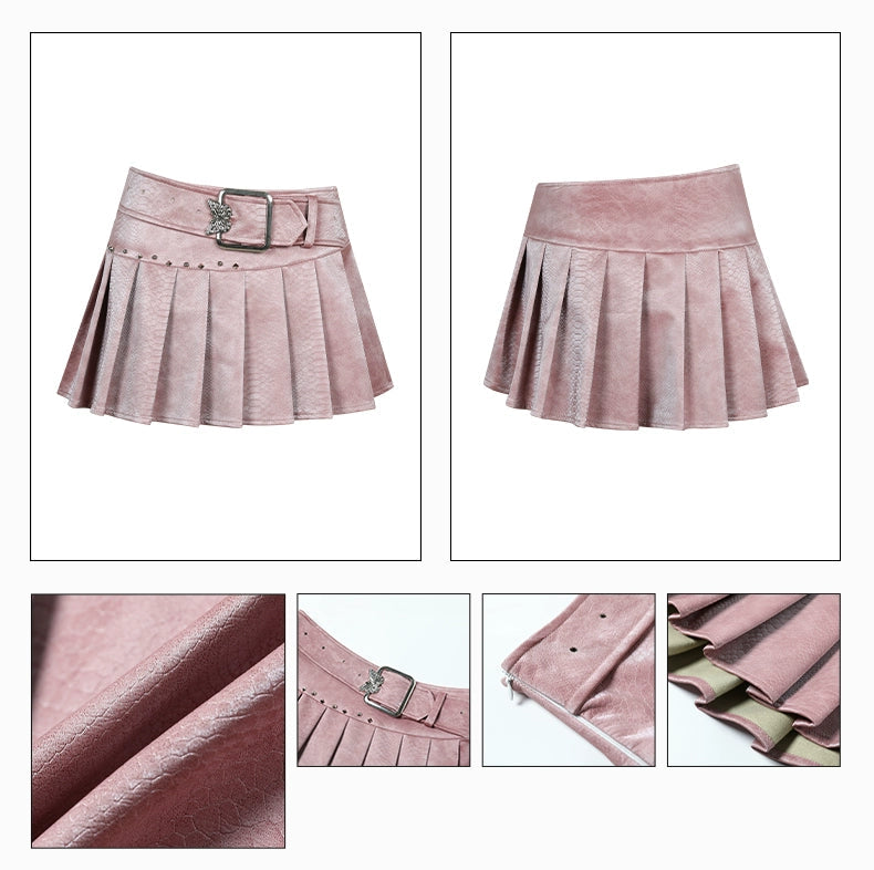 y2k pink pleated mini skirt set - strapless corset top with belted skirt