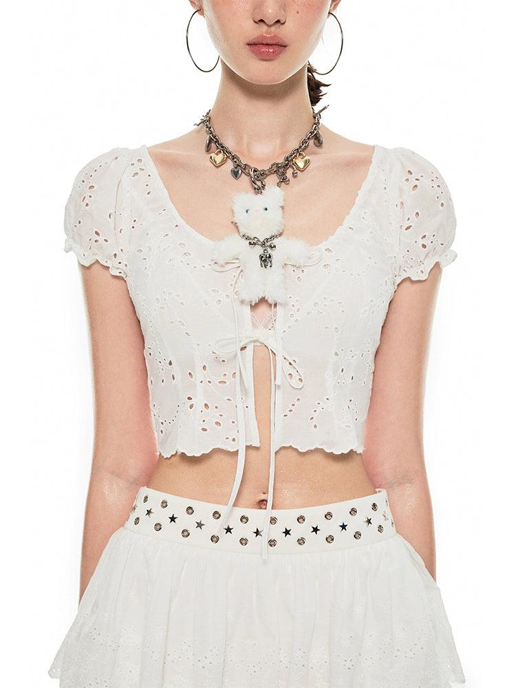 white eyelet lace-up crop top - women's puff sleeve ruffle hem top