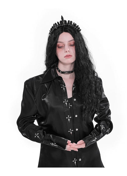 gothic cross-embroidered satin shirt - long sleeve button-down with feather trim