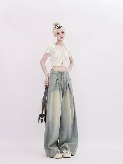 women's ultra wide-leg denim palazzo pants - high-waisted pleated jeans with faded wash