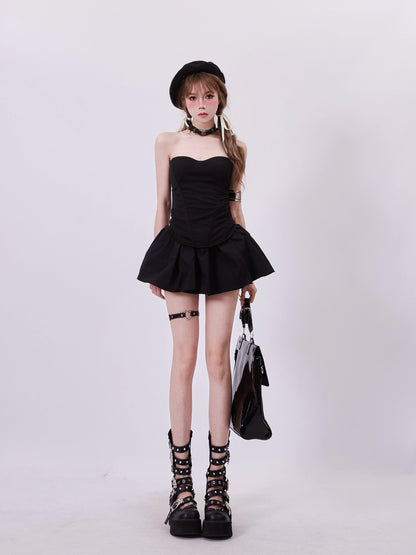 high-waisted flared mini skirt - solid black skater style with elastic waistband