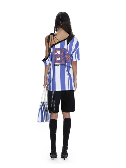 striped off-shoulder soccer jersey - unisex asymmetric one-sleeve sports top