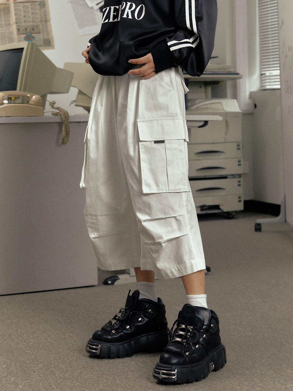 wide leg cargo culottes - high-waisted loose fit cropped pants with multiple pockets