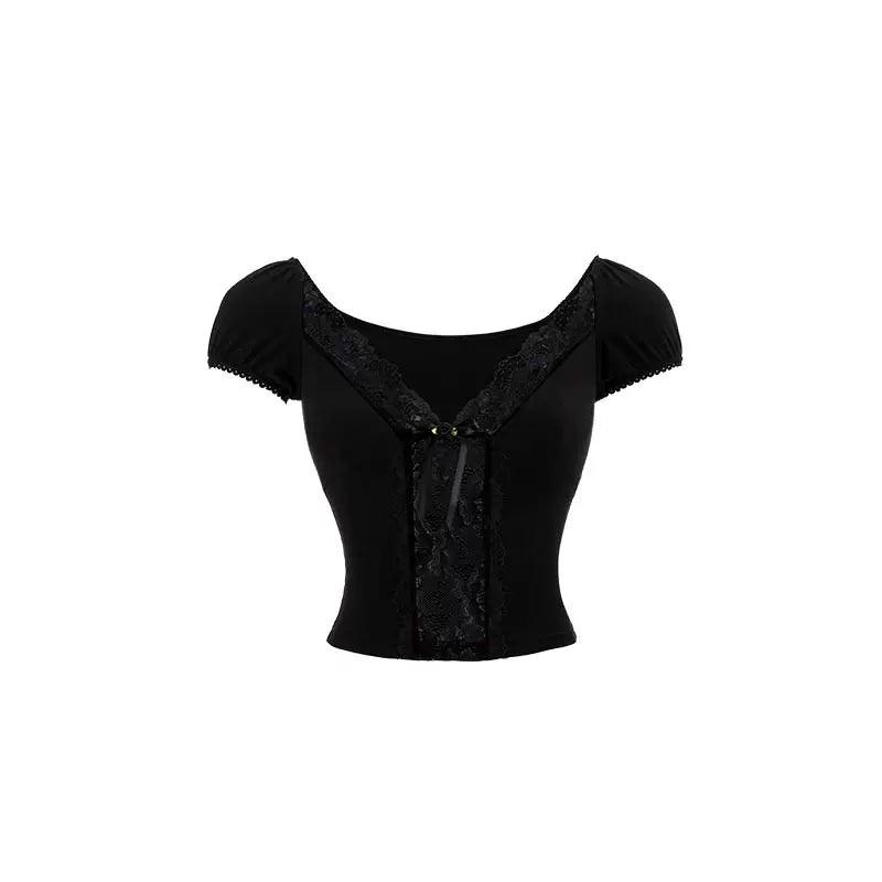 lace trim v-neck crop top - women's short sleeve tie-front blouse