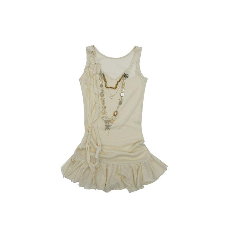 girls' sleeveless ballet dress - cream ruffle hem dance leotard with attached necklace