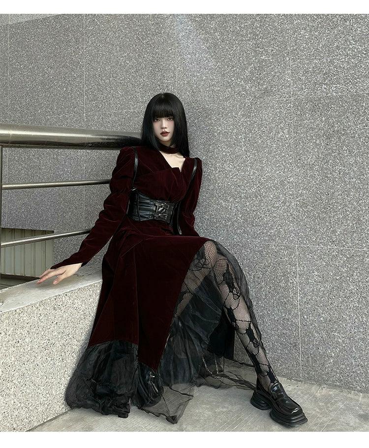 gothic victorian maxi dress - women's burgundy velvet and black mesh layered gown with corset belt