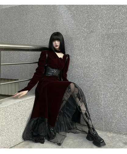 gothic victorian maxi dress - women's burgundy velvet and black mesh layered gown with corset belt