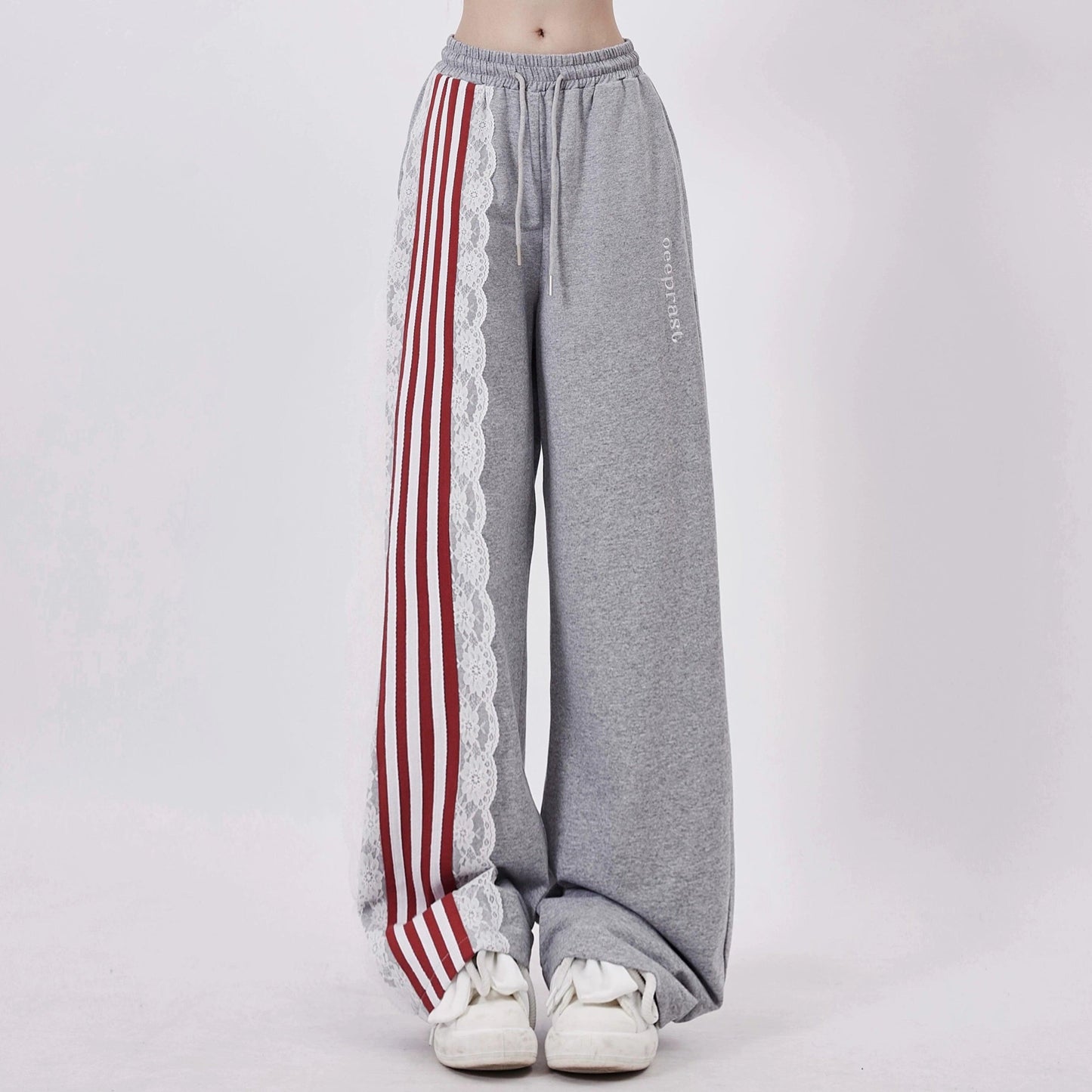 women's wide-leg sweatpants - gray drawstring lounge pants with lace and striped side panel