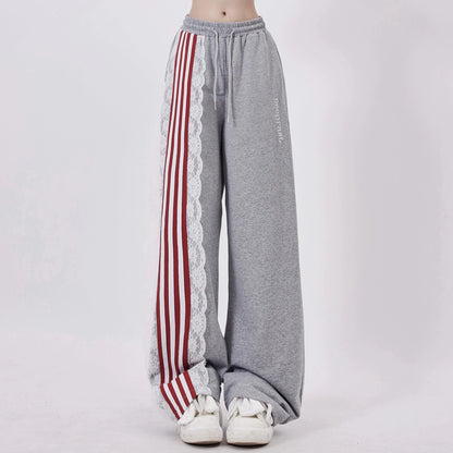 women's wide-leg sweatpants - gray drawstring lounge pants with lace and striped side panel