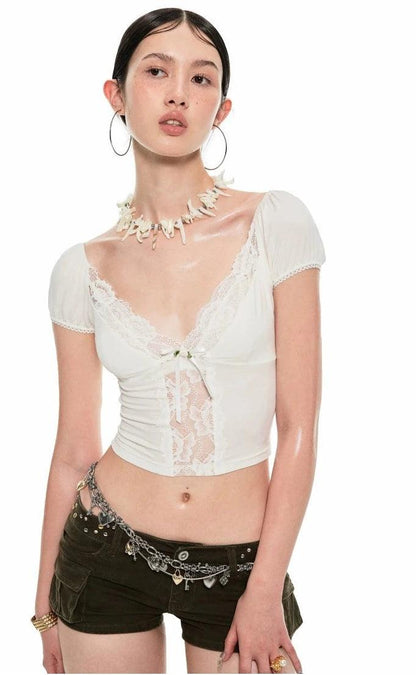 lace trim v-neck crop top - women's short sleeve tie-front blouse