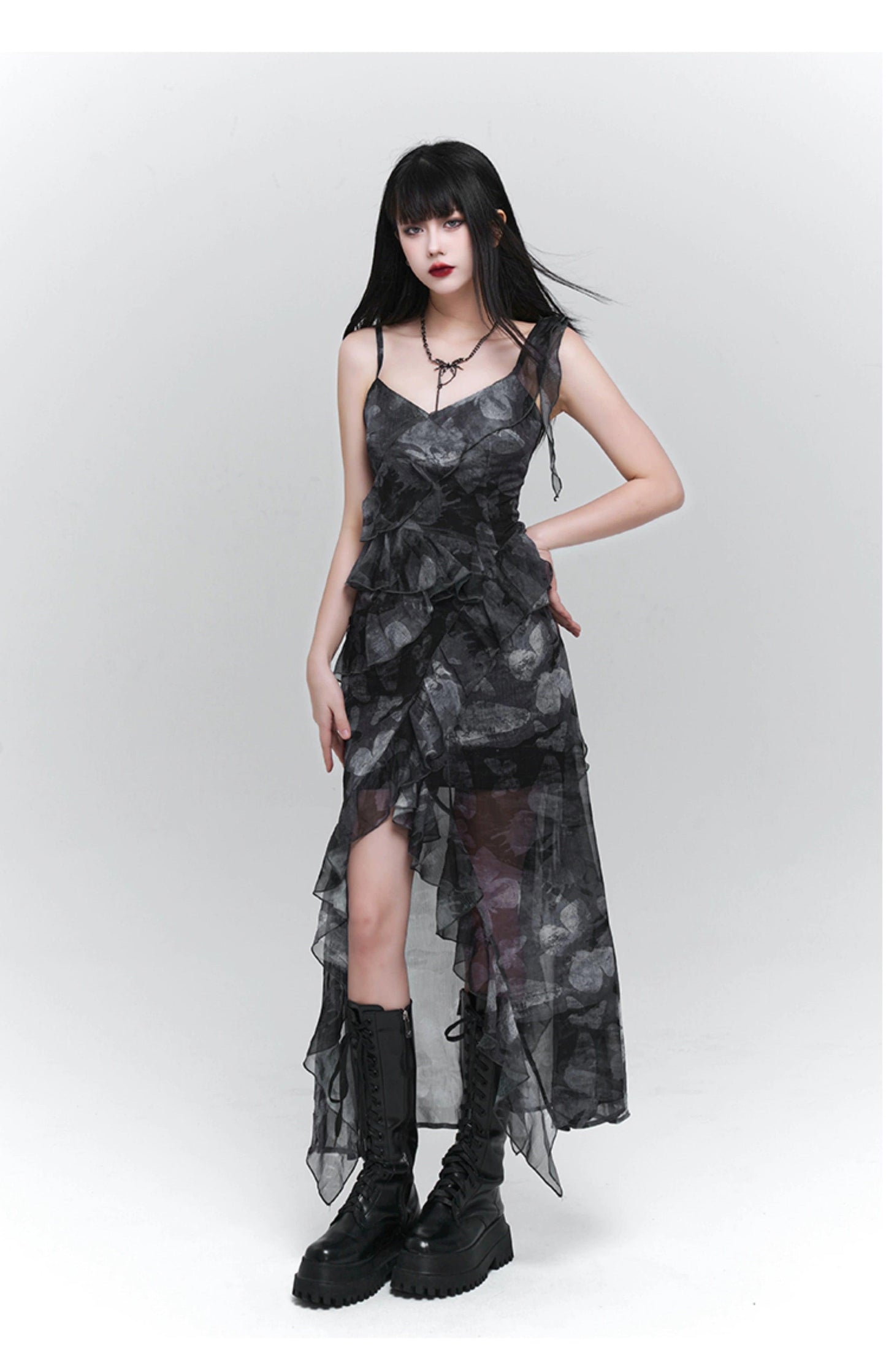 dark glamour asymmetrical maxi dress - women's sheer floral print ruffle dress with high slit