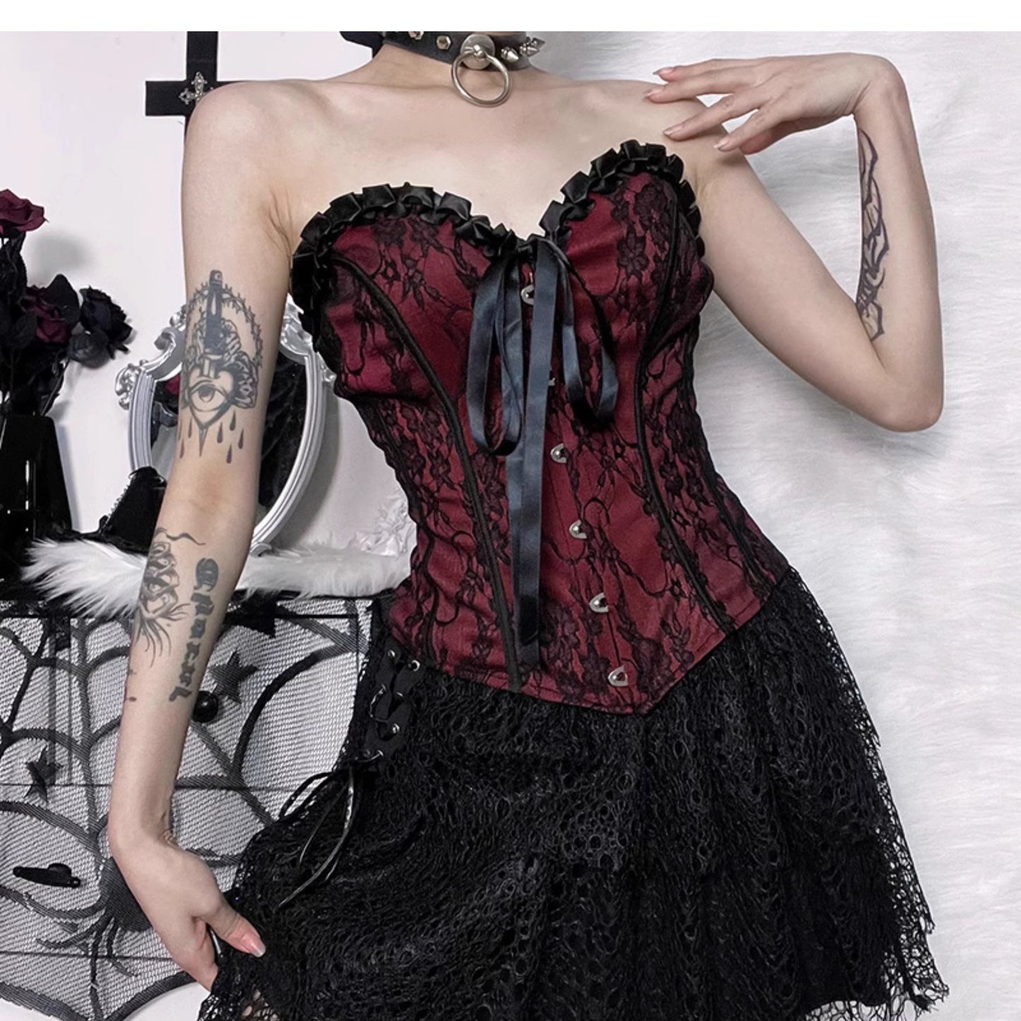 this gothic lace-up corset - red and black floral brocade bustier with ruffle trim