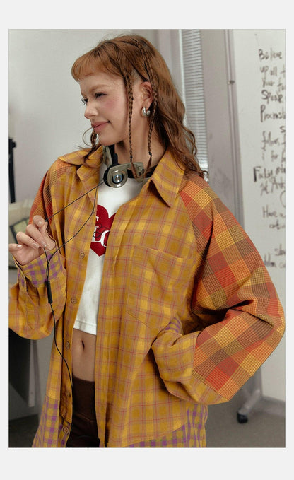 mustard plaid oversized shirt jacket - unisex colorblock flannel shacket with purple checks