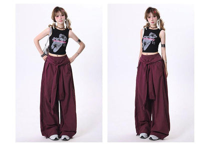 women's wide-leg palazzo pants - elastic waist maxi skirt overlay with front tie