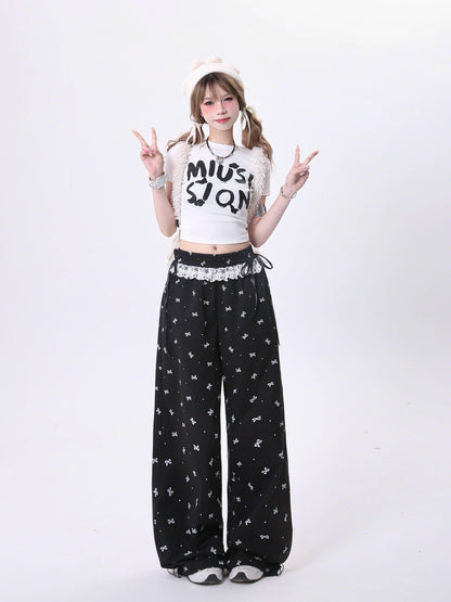 women's bow-print wide-leg palazzo pants - drawstring waist lounge trousers with lace trim