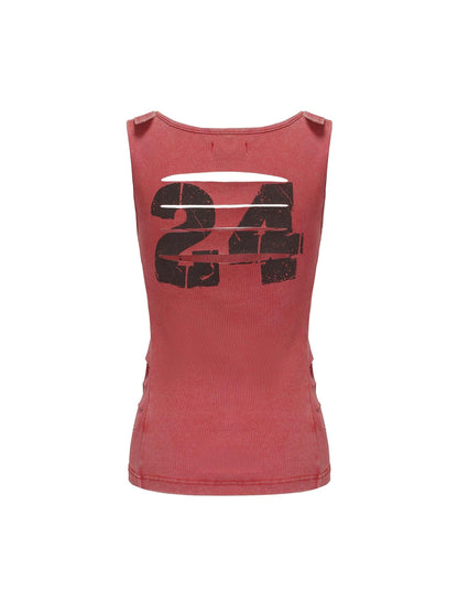 distressed '24' graphic tank top - women's sleeveless cut-out ribbed jersey