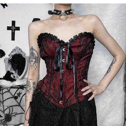 this gothic lace-up corset - red and black floral brocade bustier with ruffle trim