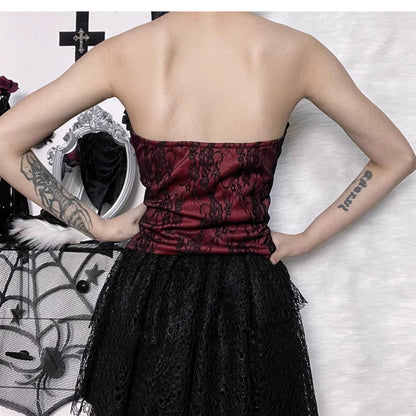 this gothic lace-up corset - red and black floral brocade bustier with ruffle trim