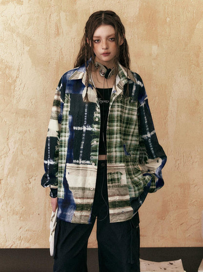 oversized patchwork plaid shirt - unisex grunge tie-dye flannel button-up jacket