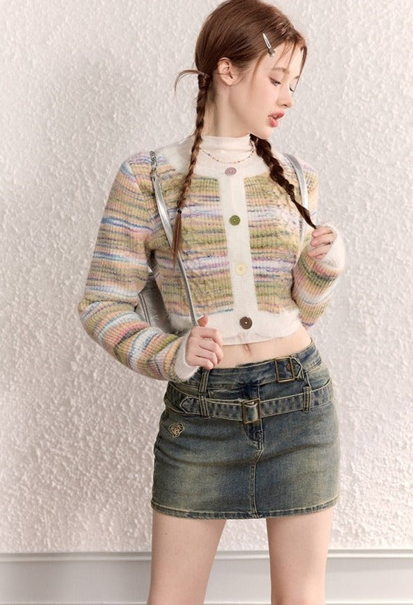 Stripe Knit Cropped Cardigan Tops