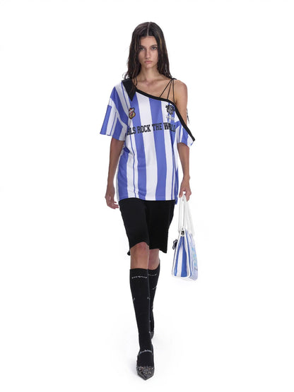 striped off-shoulder soccer jersey - unisex asymmetric one-sleeve sports top