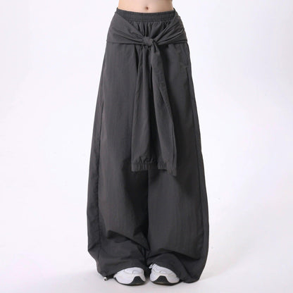 women's wide-leg palazzo pants - elastic waist maxi skirt overlay with front tie