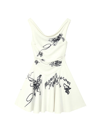 floral sketch fit and flare dress - women's sleeveless cowl neck mini dress with embroidered botanical design