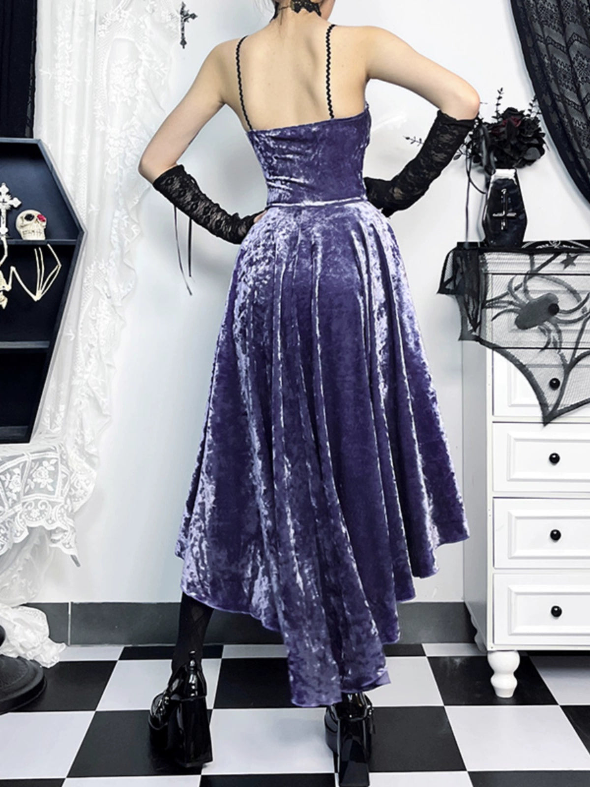 gothic velvet corset dress set - purple high-low gown with lace trim and black lace bolero