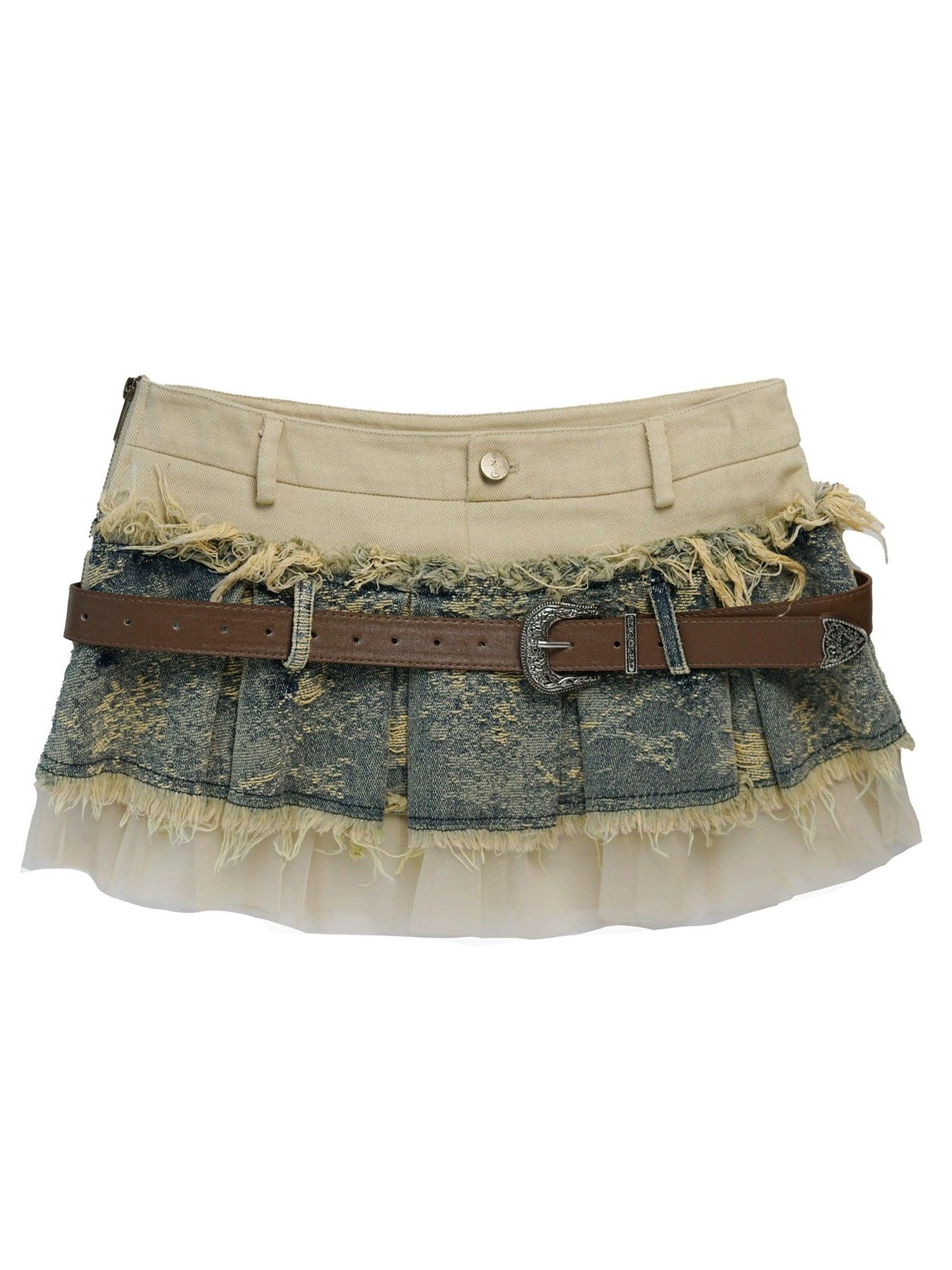 layered denim mini skirt - women's distressed patchwork skirt with belt