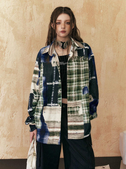 oversized patchwork plaid shirt - unisex grunge tie-dye flannel button-up jacket