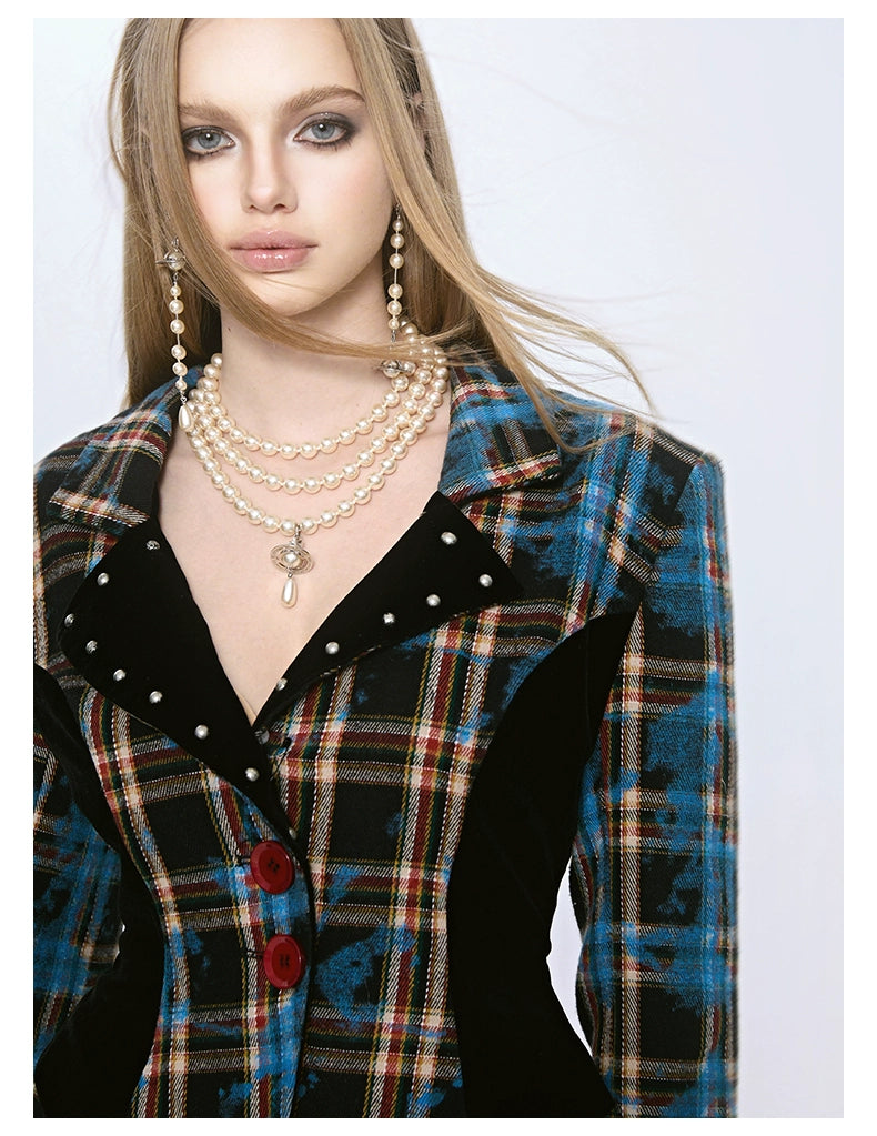 punk rock plaid jacket set - studded collar blazer with asymmetric mini skirt