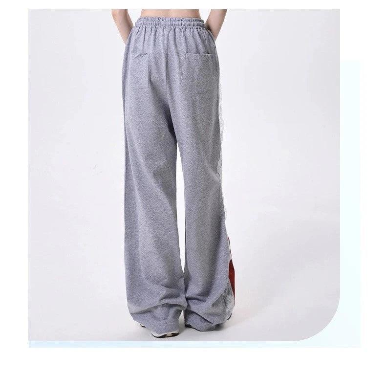 women's wide-leg sweatpants - gray drawstring lounge pants with lace and striped side panel