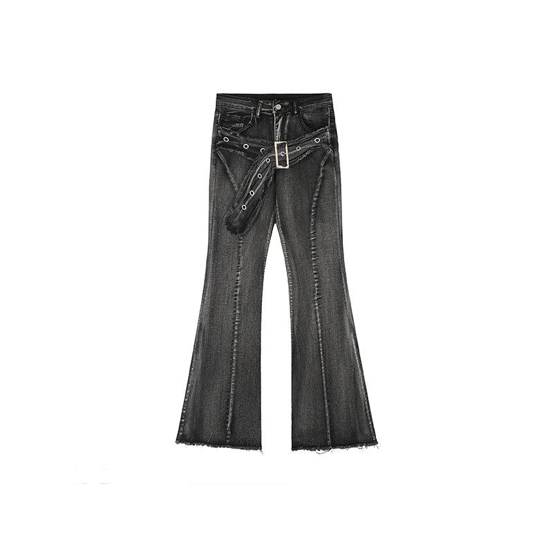 retro flared denim jeans - distressed gray wash with detachable belt and raw hem