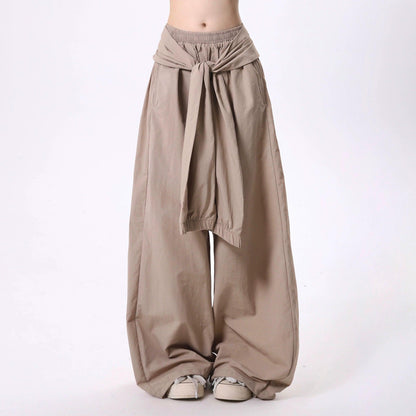 women's wide-leg palazzo pants - elastic waist maxi skirt overlay with front tie