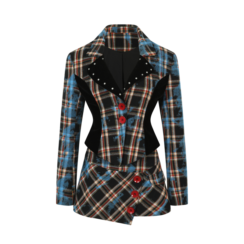 punk rock plaid jacket set - studded collar blazer with asymmetric mini skirt