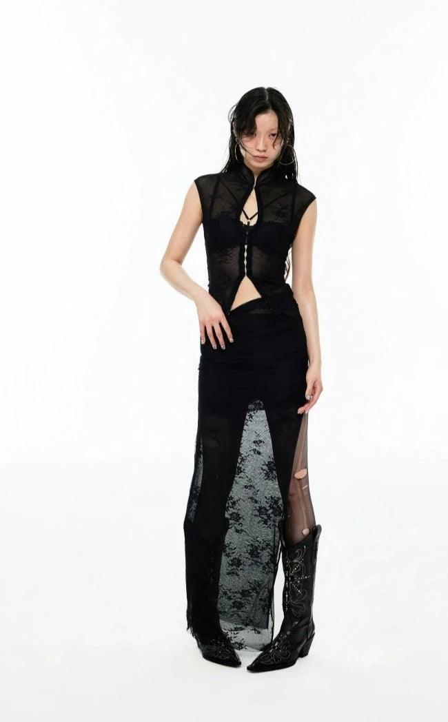 floral lace sheer separates - women's sleeveless vest and high-waist maxi skirt set