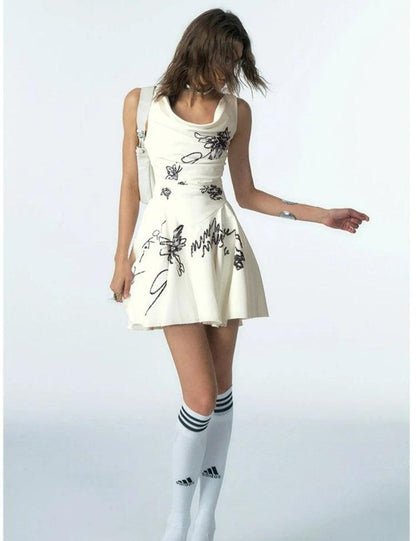 floral sketch fit and flare dress - women's sleeveless cowl neck mini dress with embroidered botanical design